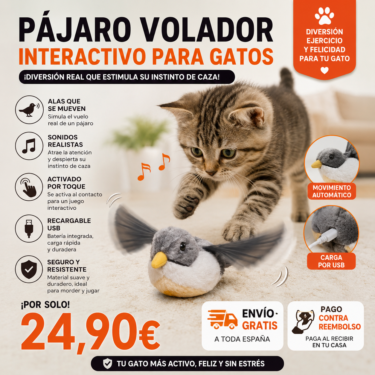 Pájaro interactivo para gatos 24,90 €, envío gratis y pago contra reembolso